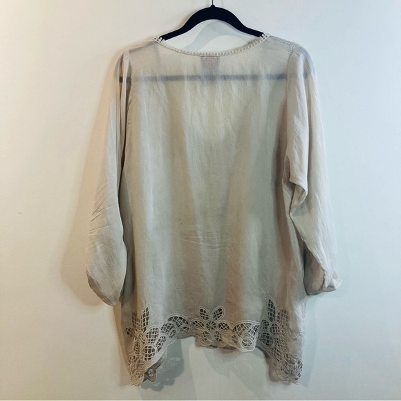 JOHNNY WAS Sz L 100% Cupro Rayon Embroidered Trim Semi Sheer Cream  Blouse - Picture 6 of 12